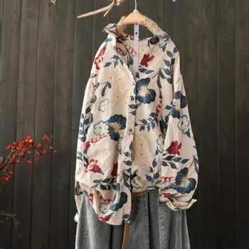 Женская рубашка с длинными рукавами и лацканами, пуговицы, планка, рубашка в стиле ретро, топ, свободный кардиган с цветочным узором, рубашка на каждый день 2XL синий