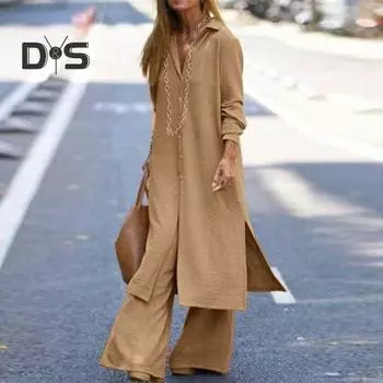 Женская рубашка с длинными рукавами и лацканами, 2 шт./компл., прямые широкие длинные брюки, однотонные длинные топы с разрезом по бокам, брюки с высокой талией, соответствующий комплект M армия зеленый