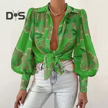 Женская рубашка с длинными рукавами и лацканами, топы с цветочным принтом, однобортная свободная тонкая блузка, рабочая одежда M розы красного