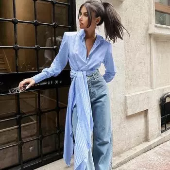 Женская рубашка с длинными рукавами и лацканами, однотонная, с французским узором в полоску, со шнуровкой и длинными рукавами S розовый