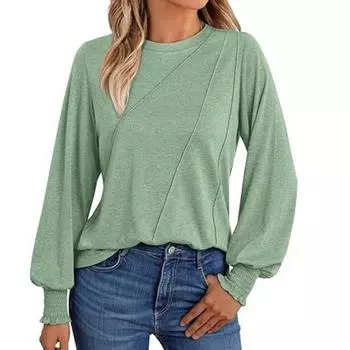 Женская рубашка с длинными рукавами и плиссированным круглым вырезом. Осенний модный топ для женщин. Футболки женские. S чёрный