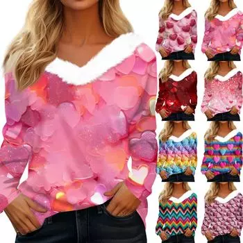 Женская рубашка с длинными рукавами и принтом «Валентинная любовь», повседневная свободная футболка с V-образным вырезом L розовый