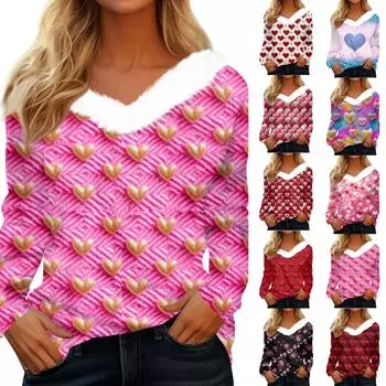 Женская рубашка с длинными рукавами и принтом «Валентинная любовь», повседневная свободная футболка с V-образным вырезом S