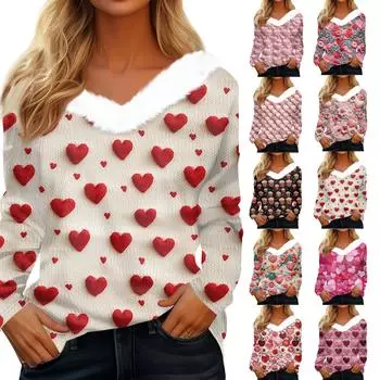 Женская рубашка с длинными рукавами и принтом «Валентинная любовь», повседневная свободная футболка с V-образным вырезом XXXL