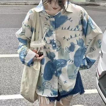 Женская рубашка с длинными рукавами и принтом граффити, свободные лацканы, повседневные женские блузки, однобортные женские универсальные топы-кардиганы S