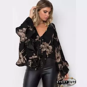 Женская рубашка с длинными рукавами и принтом на весну и осень S чёрный