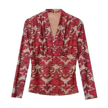 Женская рубашка с длинными рукавами и принтом в стиле ретро, зимняя, новая сексуальная футболка с сетчатым верхом и V-образным вырезом, облегающий пуловер S