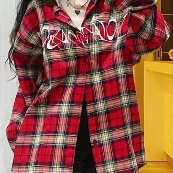 Женская рубашка с длинными рукавами и вышитыми буквами, американская ретро-блузка свободного покроя в красную клетку, осенний повседневный универсальный топ M красный