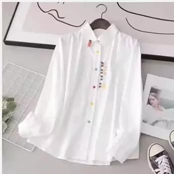 Женская рубашка с длинными рукавами и вышитыми пуговицами на лацканах, весна-осень S белый