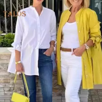 Женская рубашка с длинными рукавами, однотонная, свободного кроя, с круглым вырезом, средней длины, для работы, вечеринок, отпуска M жёлтый