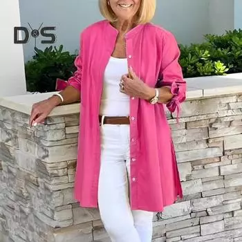 Женская рубашка с длинными рукавами, однотонная, свободного кроя, с круглым вырезом, средней длины, для работы, вечеринок, отпуска M жёлтый