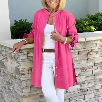 Женская рубашка с длинными рукавами, однотонная, свободного кроя, с круглым вырезом, средней длины, для работы, вечеринок, отпуска M жёлтый