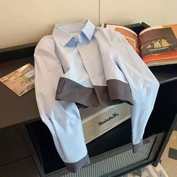 Женская рубашка с длинными рукавами с цветными блоками, короткая женская блузка в стиле французского минимализма, корейский облегающий универсальный топ S небесно-голубой