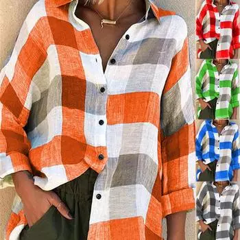 \Женская рубашка с длинными рукавами Свободная клетчатая рубашка Женская рубашка