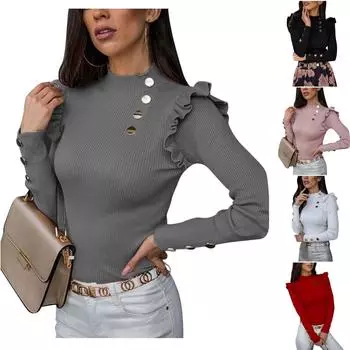 Женская рубашка с длинными рукавами, тонкая рубашка с рюшами и пуговицами, верхняя блузка L чёрный