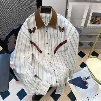 Женская рубашка с длинными рукавами в полоску с бабочками, корейский контрастный женский топ, весна-осень, повседневное простое женское пальто M