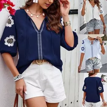 Женская рубашка с длинными рукавами весна-осень и зима Design Sense V-образный вырез однотонная свободная блузка осенняя рубашка L синий