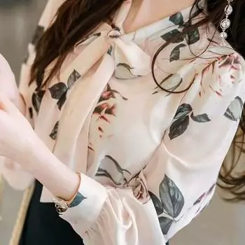 Женская рубашка с длинными рукавами, весна-осень, новый шифоновый топ с воротником-шарфом и завязками, размер S-5XL M серый