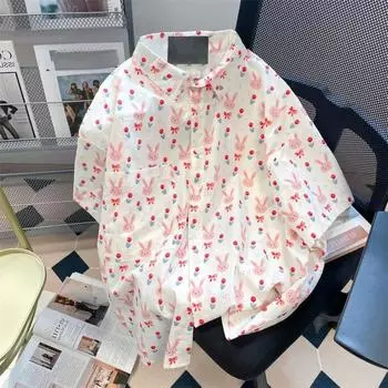 Женская рубашка с французским милым кроликом и принтом, летняя свободная и милая женская блузка с короткими рукавами, уникальный солнцезащитный кардиган, топ S