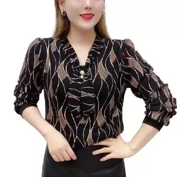 Женская рубашка с галстуком, пуловер с v-образным вырезом и длинными рукавами, топы с принтом из искусственного жемчуга, свободная блузка больших размеров, уличная одежда L