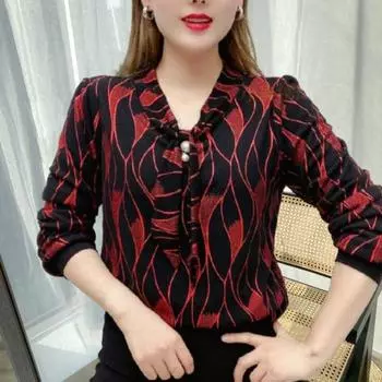 Женская рубашка с галстуком, пуловер с v-образным вырезом и длинными рукавами, топы с принтом из искусственного жемчуга, свободная блузка больших размеров, уличная одежда 2XL чёрный