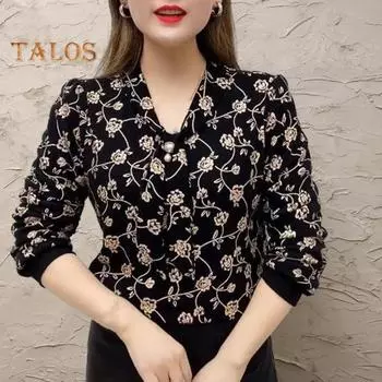 Женская рубашка с галстуком, пуловер с v-образным вырезом и длинными рукавами, топы с принтом из искусственного жемчуга, свободная блузка больших размеров, уличная одежда XL красный