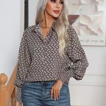 Женская рубашка с геометрическим принтом и рукавами-фонариками, рубашка с длинным рукавом, топ S хаки