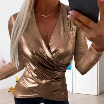 Женская рубашка с глубоким V-образным вырезом и глянцевой поверхностью, мешковатая перекрещивающаяся талия с длинным рукавом, однотонная однотонная искусственная кожа, женский клубный топ для поездок на работу XL золотистый