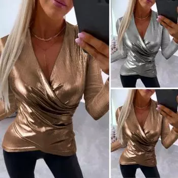 Женская рубашка с глубоким V-образным вырезом и глянцевой поверхностью, мешковатый крест с узкой талией и длинными рукавами, однотонный клубный топ из искусственной кожи XL золотистый