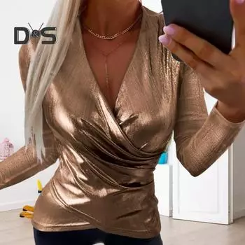 Женская рубашка с глубоким V-образным вырезом и глянцевой поверхностью, мешковатая перекрещивающаяся талия с длинным рукавом, однотонная однотонная искусственная кожа, женский клубный топ для поездок на работу XL золотистый