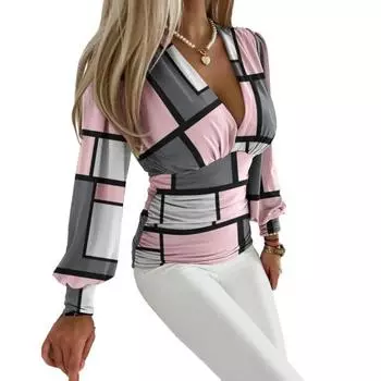 Женская рубашка с глубоким v-образным вырезом, плиссированная, с длинным рукавом, в полоску, однотонная, с рукавом-фонариком, приталенная, OL, для поездок на работу 2XL розовый