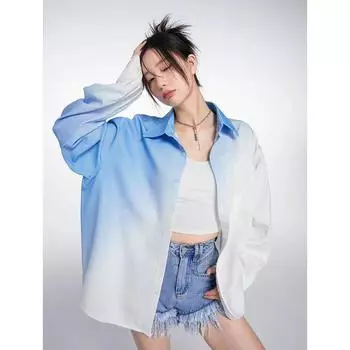 Женская рубашка с градиентом цвета и длинными рукавами, весна-лето, повседневная французская милая женская блузка, винтажный кардиган со свободным воротником, топ S