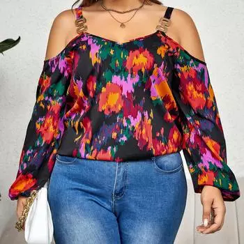 Женская рубашка с графическим принтом и вырезом на плечах, футболка с длинным рукавом и v-образным вырезом, свободная модная повседневная рубашка для поездок на работу, дышащая легкая удобная рубашка XL