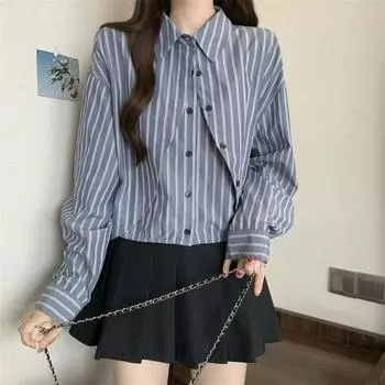 Женская рубашка с имитацией двойки в синюю полоску, с длинным рукавом, лацканами, на одной пуговице, короткий топ, свободного винтажного стиля S синий