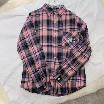 Женская рубашка с клетчатым дизайном и карманами, японская, с длинными рукавами, винтажная, универсальная, для девочек, весенняя, свободная, повседневная, топ M розовый