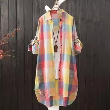 Женская рубашка с клетчатым принтом контрастного цвета, неровный подол, однобортный, с длинными рукавами и лацканами, большой мягкий дышащий топ XXXL синий