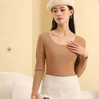 Женская рубашка с кокосовым маслом: Простой однотонный, приятный для кожи, универсальный, с круглым вырезом, утягивающий топ для осени/зимы. Seagull collar, XL светло-коричневого