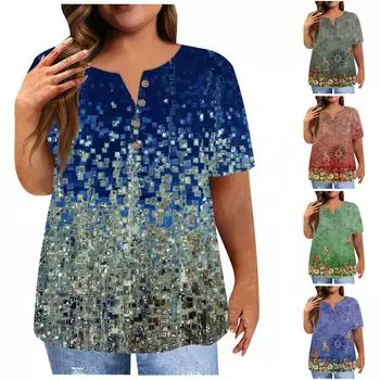Женская рубашка с коротким рукавом и пуговицами, футболка больших размеров, повседневные топы с цветочным принтом XXL синий