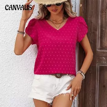 Женская рубашка с короткими рукавами и V-образным вырезом, с гофрированными цветами и ворсом, праздничный стиль, блузка, пуловер, топ S розы красного