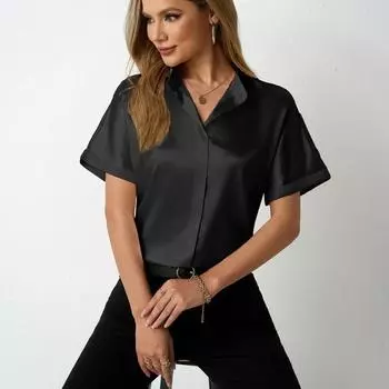 Женская рубашка с короткими рукавами и воротником-стойкой S чёрный