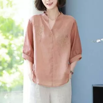 Женская рубашка с короткими рукавами из хлопка и льна, летняя рубашка с рукавами семь четвертей, тонкие блузки, рубашки M зелёный