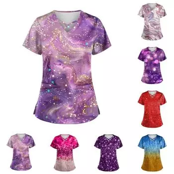 Женская рубашка с короткими рукавами, крест-накрест, V-образным вырезом, пайетками, напечатанным карманом, униформа для сиделки, V-образный вырез, карман для сиделки L