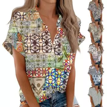 Женская рубашка с короткими рукавами, повседневный модный топ на пуговицах с принтом, кардиган с нагрудным карманом L синий