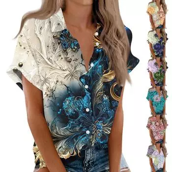 Женская рубашка с короткими рукавами, повседневный модный топ на пуговицах с принтом, кардиган с нагрудным карманом XL оранжевый