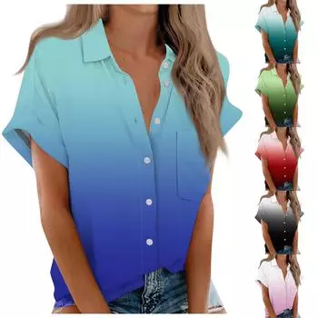 Женская рубашка с короткими рукавами, повседневный модный топ на пуговицах с принтом, кардиган с нагрудным карманом L синий