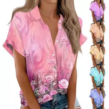 Женская рубашка с короткими рукавами, повседневный модный топ на пуговицах с принтом, кардиган с нагрудным карманом M синий