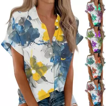 Женская рубашка с короткими рукавами, повседневный модный топ на пуговицах с принтом, кардиган с нагрудным карманом XL оранжевый