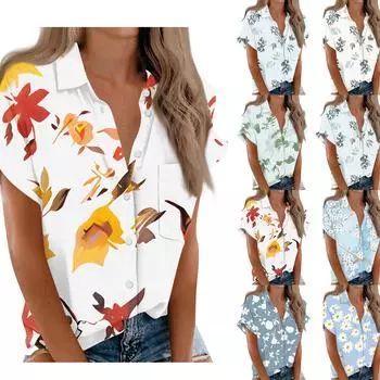 Женская рубашка с короткими рукавами, повседневный модный топ на пуговицах с принтом, кардиган с нагрудным карманом L белый