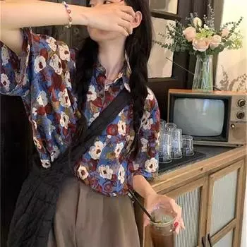 Женская рубашка с короткими рукавами в ретро-цветочном стиле, женские повседневные шикарные блузки, свободный однобортный женский топ с отложным воротником S
