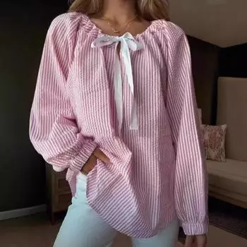 Женская рубашка с круглым вырезом, бантом, шнуровкой, длинным рукавом, полосатым принтом, свободный крой, для вечеринок, офиса, повседневной носки S розовый